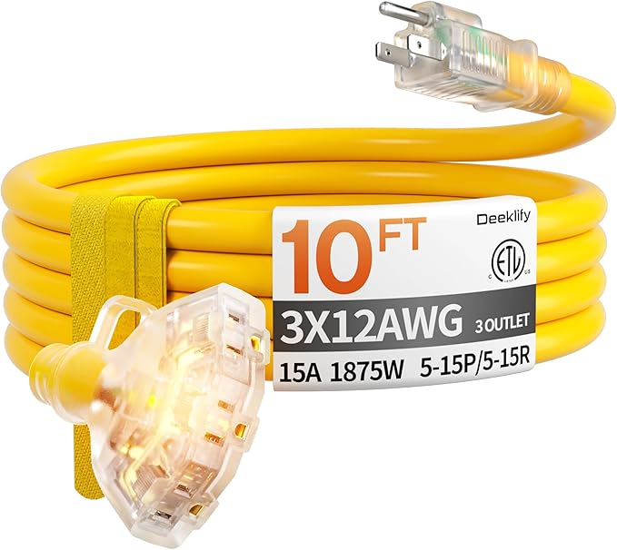 10 ft 12 Gauge Heavy Duty 3 Outlet Extension Cord Splitter by Deeklify