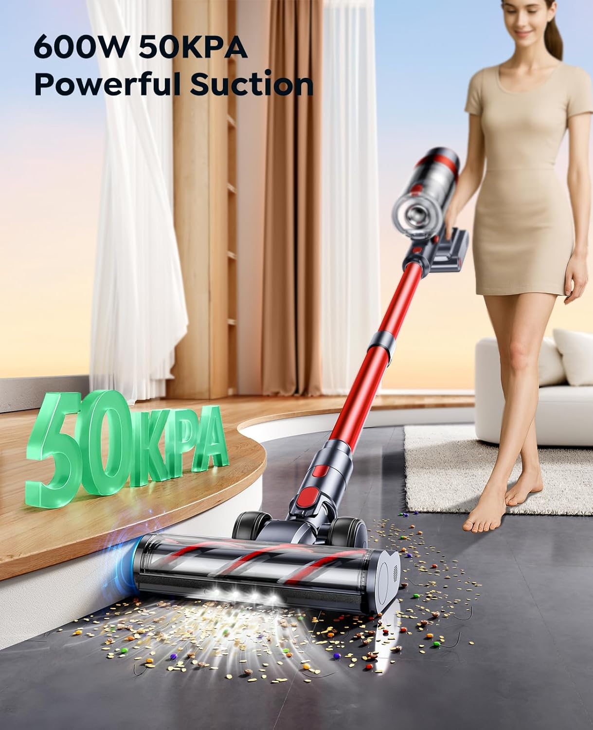 Cordless Vacuum Cleaner, 600W/50KPa Stick Vacuum, 65 Mins Runtime Rechargeable Vacuum, Wall Mount Charging, Auto Mode, Self-Standing Vacuum Cleaner for Home with 3.3Ft Hose for Pet Hair Carpet Floor
