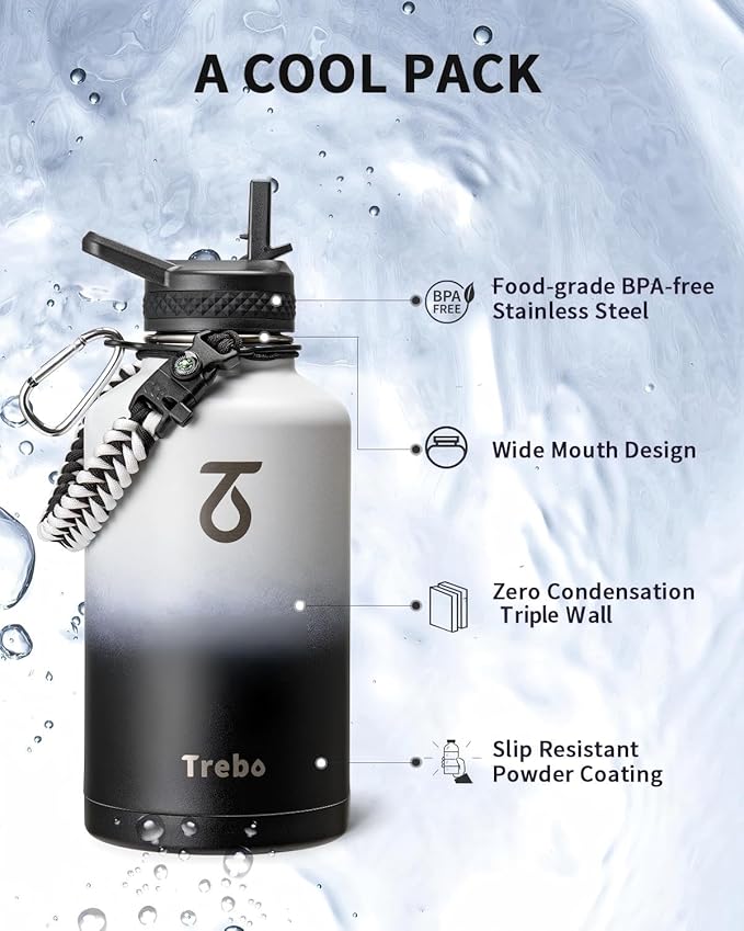 Trebo Water Bottle 64oz with Paracord Handle, Half Gallon Large Vacuum Triple - Image 6