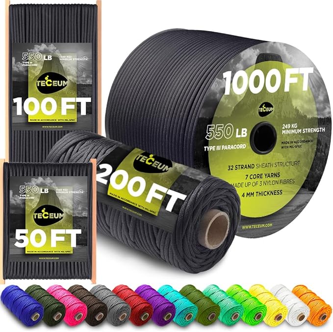 TECEUM Reflective Paracord Rope 1000 – 1000ft/200ft/100ft/50ft – 40+ Colors – by TECEUM