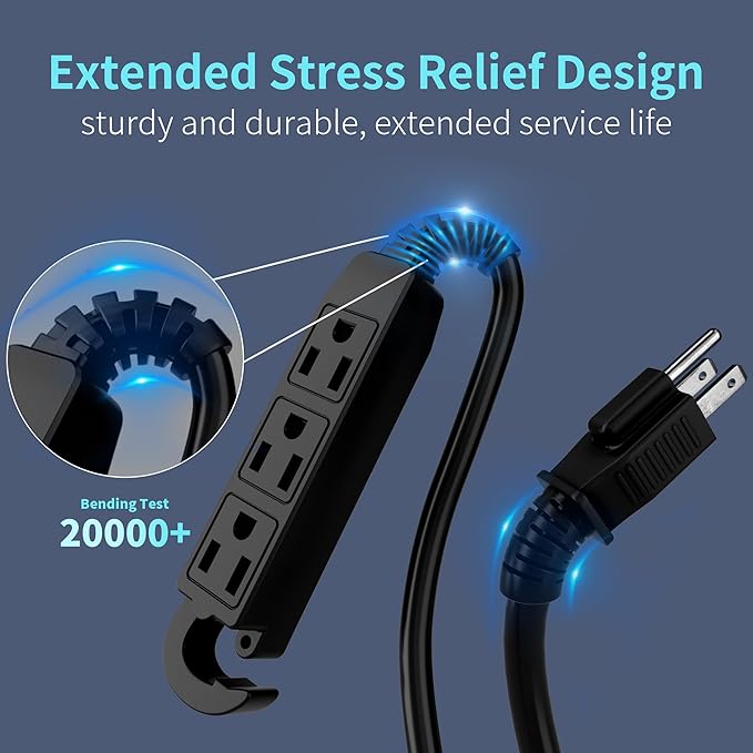 Energeaster 16/3 15 Ft 3 Outlet Extension Cord Outdoor Waterproof, 3 Prong - Image 3