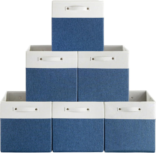 13 x 13 Inch Fine Linen Storage Bins with Handles，Fabric Cube Boxs，Collapsible Basket Organizers for Shelves for Home, Closet Drawers (White/Blue-6 Pack)
