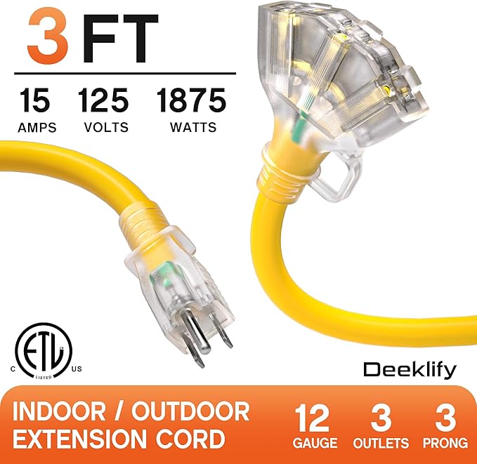 3 ft 12 Gauge Heavy Duty 3 Outlet Extension Cord Splitter - Image 2