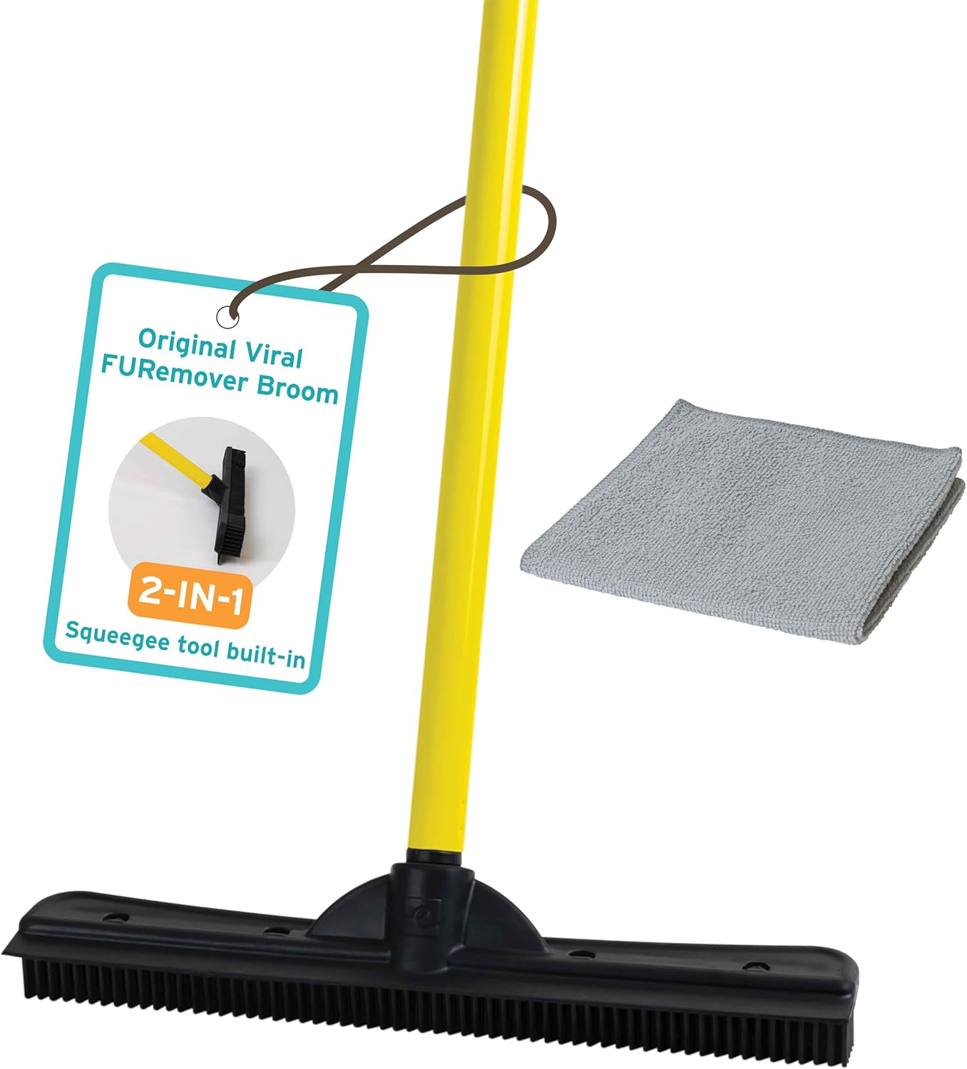 FURemover Original Pet Hair Rubber Broom with Squeegee, with 58” Telescopic Handle for Carpet, Tile and Hardwood and Scrub Cloth Combo