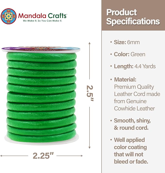 Mandala Crafts Round Genuine Green Leather Cord - Image 4
