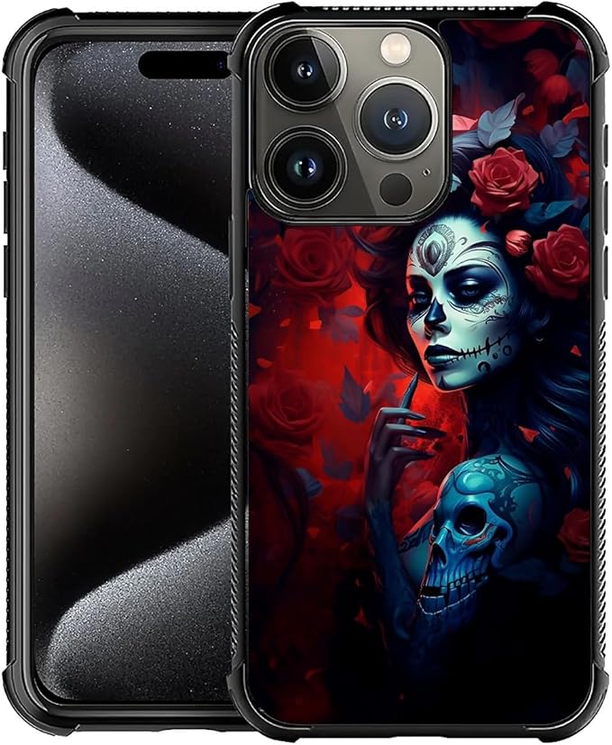 for iPhone 16 Pro Max Case, Skull Lady Rose Pattern Graphic Design Girl Boy by FKBRCL4U