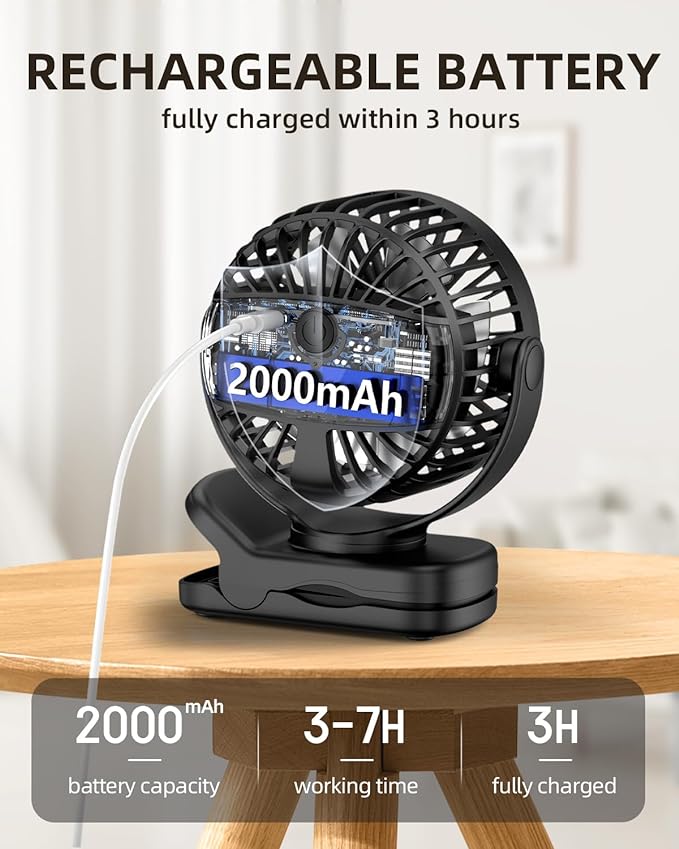 TUNISE Mini Clip on Fan, Battery Operated Desk Fan, Digital display，3 Speeds - Image 4