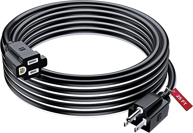 Maximm 25 Ft Black and White Extension Cord, Heavy Duty 3-Prong Outdoor Power by MaximmCable