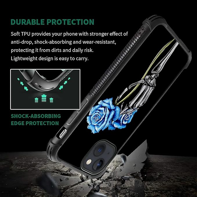 for iPhone 15 Case, Skeleton Holding Blue Rose Pattern Graphic Design Girl Boy - Image 7