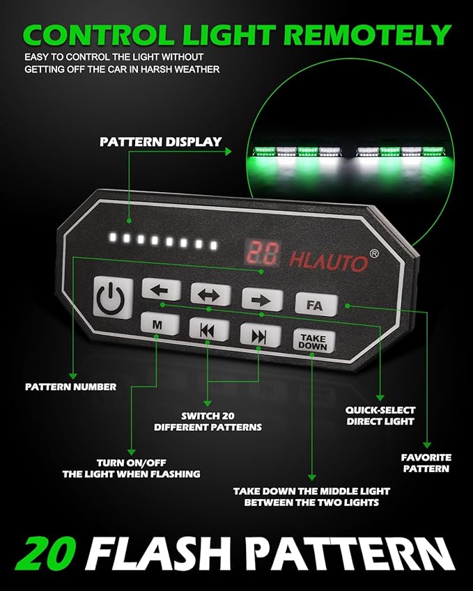 HLauto 604N Emergency Dash Strobe Lights: 2x16.8 inch Green White Security - Image 5