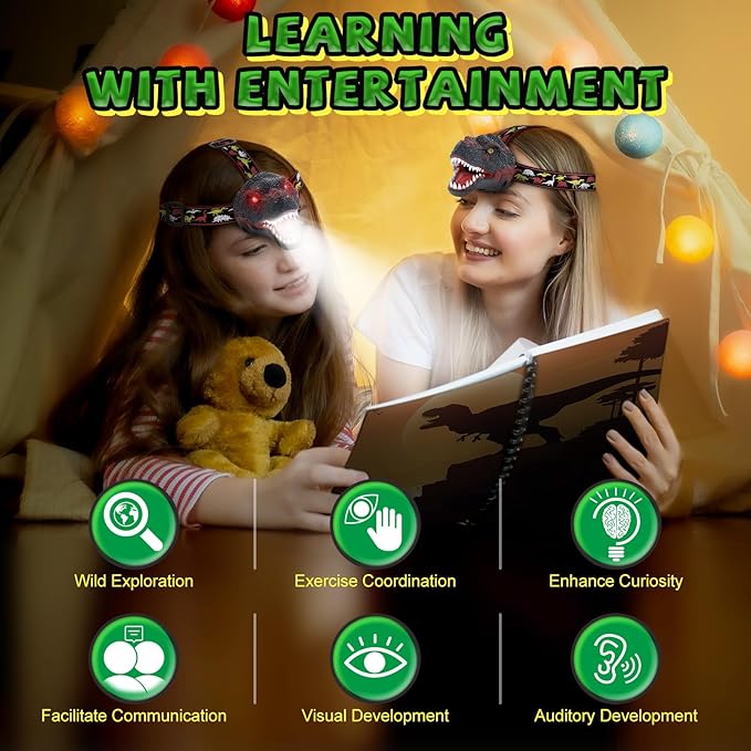 Nitigo Dinosaur Headlamp for Kids Flashlight Rechargeable Led Headlights Roar & - Image 4