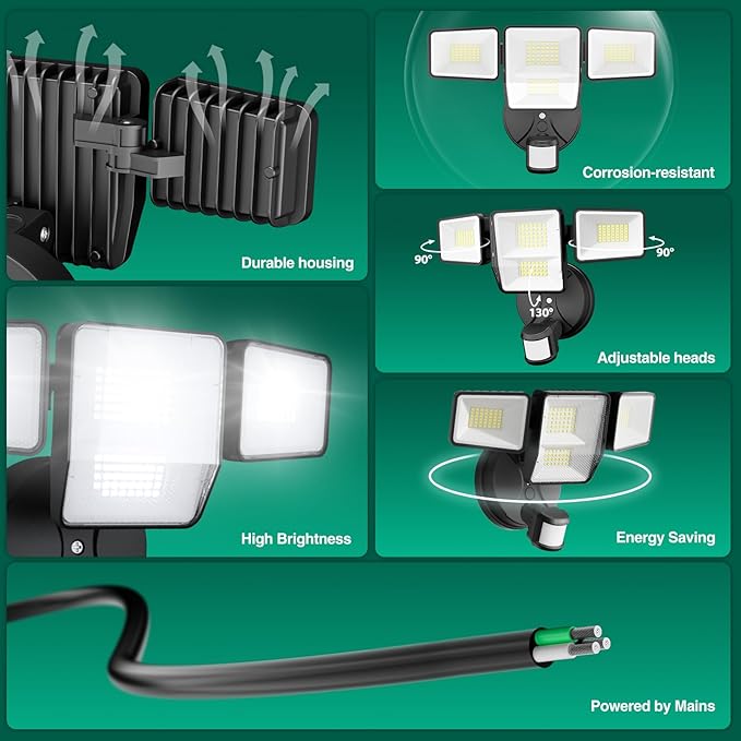 70W 7000LM Security Lights Outdoor, 4-Head LED Motion Sensor Light, Hardwired - Image 6