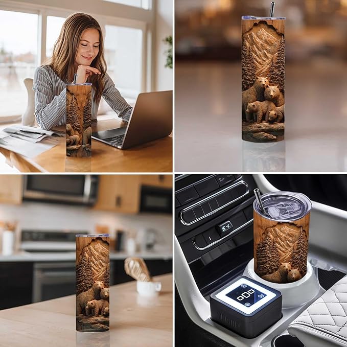 Firmiso 20 oz Tumbler｜Skinny Insulated Travel Mug｜Bear Family Mountain Forest - Image 3