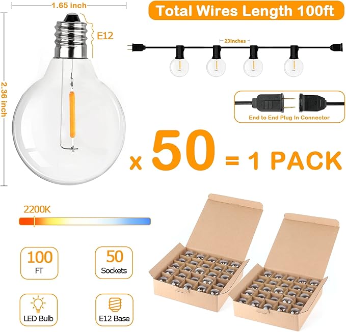 VerRon 100FT LED G40 Globe String Lights, Waterproof Shatterproof Outdoor Patio - Image 7