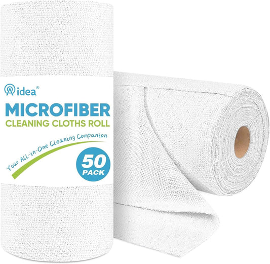AIDEA Microfiber Cleaning Cloth Roll, White 50PK, Tear Away Reusable Paper Towels, Commercial Shop Rags, Microfiber Towels for Cars, Lint Free Rags for House, Kitchen, Automotive, 11.5"×11.5"