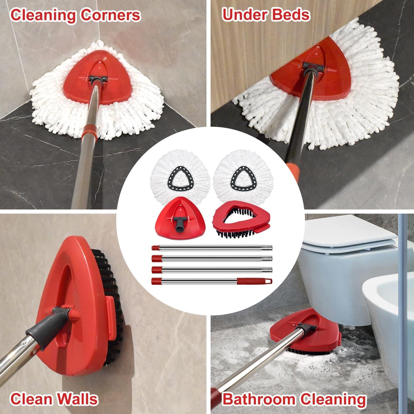 Spin Mop Handle Mop Heads Mop Base Mop Scruby Brush Replacement Sets Combo Compatible with Ocedar EasyWring 1 Tank Spin Mop System (1 Sets Stainless Steel Mop Handle +2 White Heads +1 Base +1 Brush)