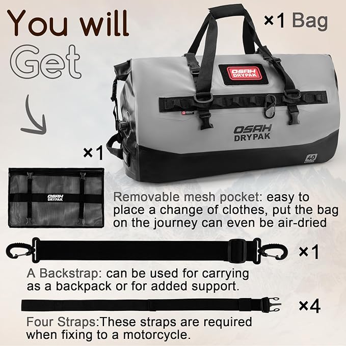 OSAH DRYPAK Waterproof Duffel Bag 25L/40L/60L – Heavy-Duty Motorcycle Tail Bag - Image 8