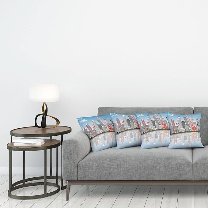 Ambesonne North Carolina Throw Pillow Cushion Case Pack of 4, Charlotte Skyline - Image 3