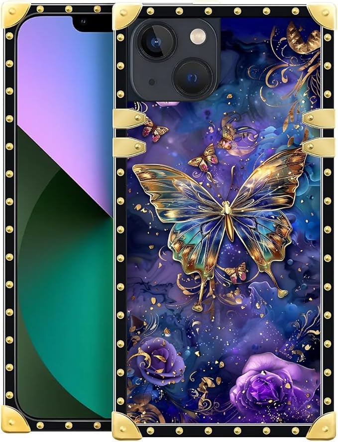 Compatible with iPhone 13 Case, Glistening Golden Butterfly Vibrant Purple Blue by Unknown