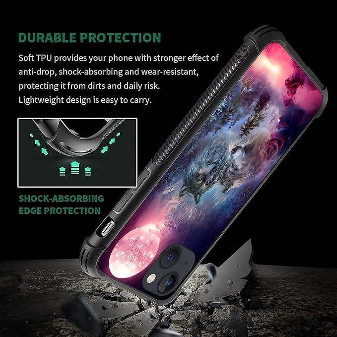for iPhone 13 Mini Case, Star Two Wolfs Howling Pattern Graphic Design Girl Boy - Image 2