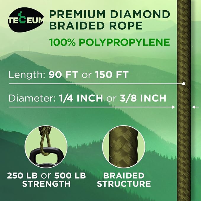 TECEUM Rope – 150 Feet x 1/4 Inch – Army Green – Strong All-Purpose Utility - Image 2