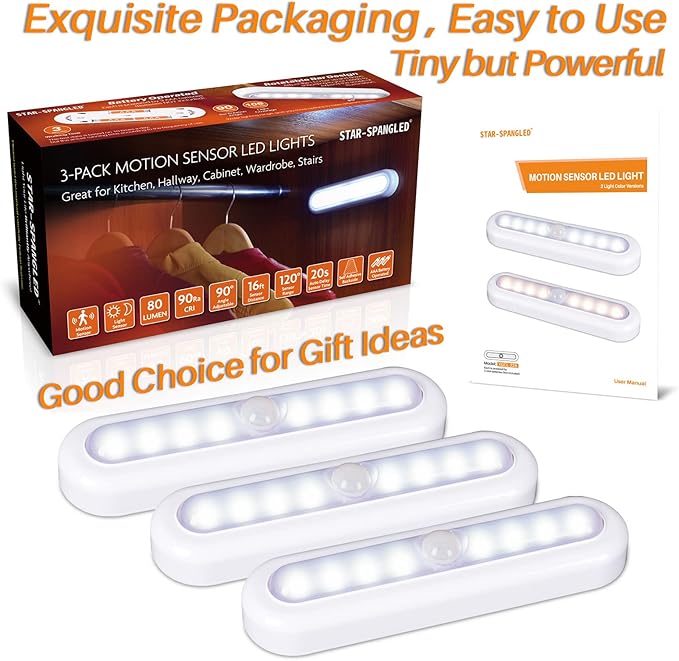 STAR-SPANGLED 3 Pack 7” Motion Sensor Lights Indoor Battery Operated, Stick on - Image 7