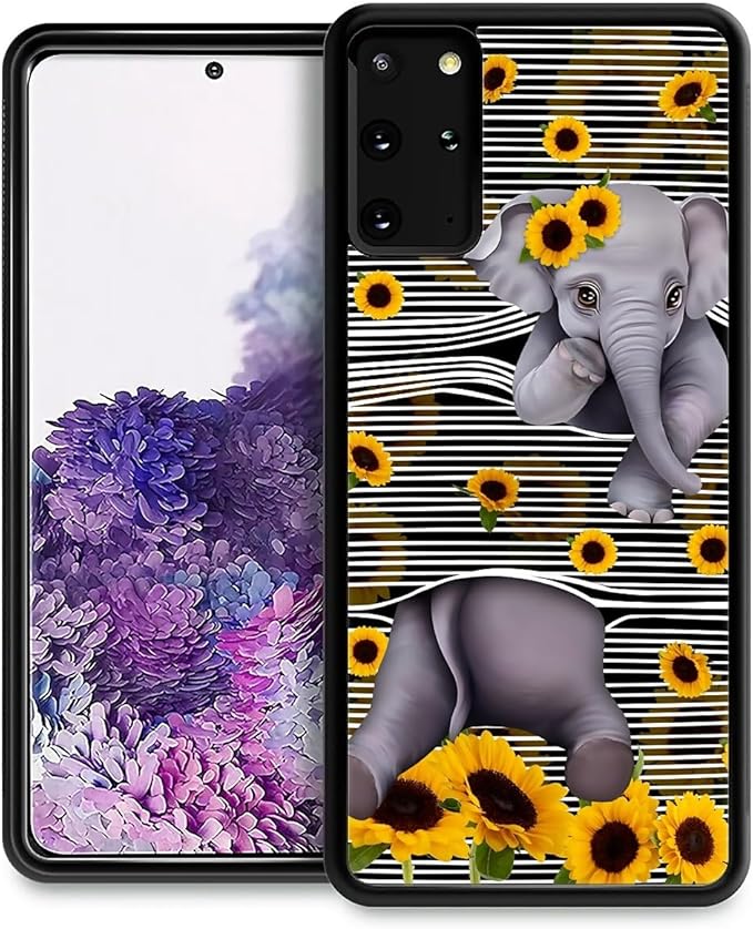 for Samsung Galaxy S20 Plus Case, Cute Little Elephant Sunflower White Line Art by FKBRCL4U