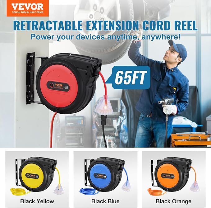 VEVOR Retractable Extension Cord Reel, 65 FT, Heavy Duty 12AWG/3C SJTOW - Image 2