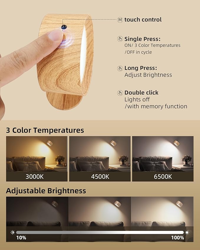 LED Wall Mounted Lights, 2 Pack Rechargeable Wall Sconce Lamps, 3 Color Temps & - Image 5