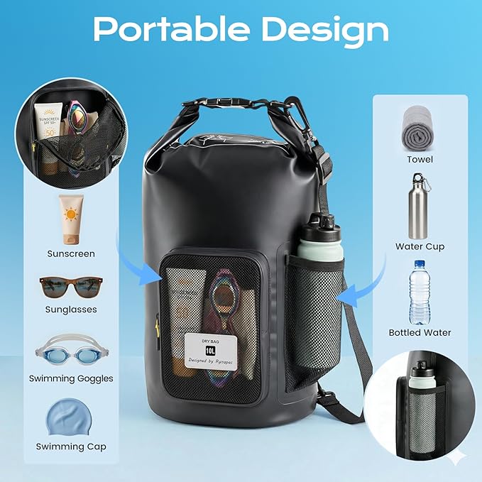 5L Waterproof Dry Bag with Bottle Holder & Mesh Pocket, 500D PVC Tarpaulin Roll - Image 4