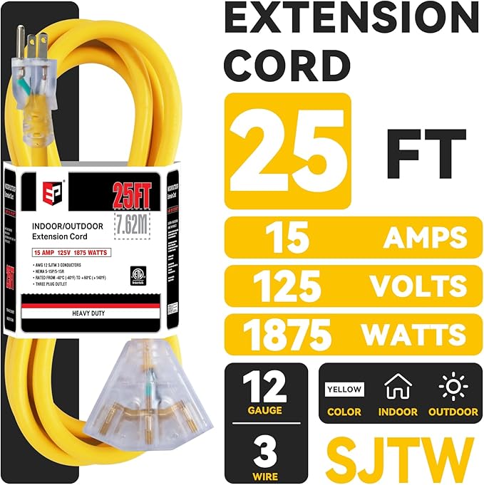 EP 25 Ft 12 Gauge Heavy Duty Extension Cord, 15A 125V 1875W, 3 Outlet - Image 2