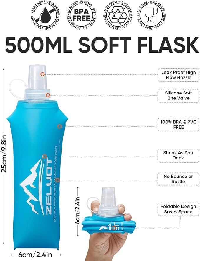 Zelvot Running Vest Soft Flask, BPA-Free 500ml Collapsible Water Bottle - Image 6