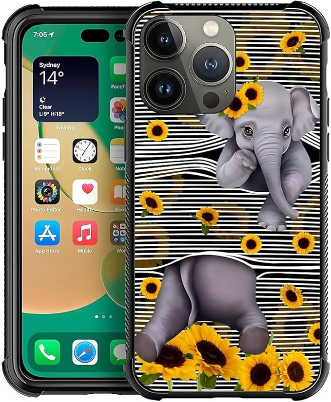 for iPhone 14 Pro Max Case, Cute Little Elephant Sunflower White Line Art by FKBRCL4U