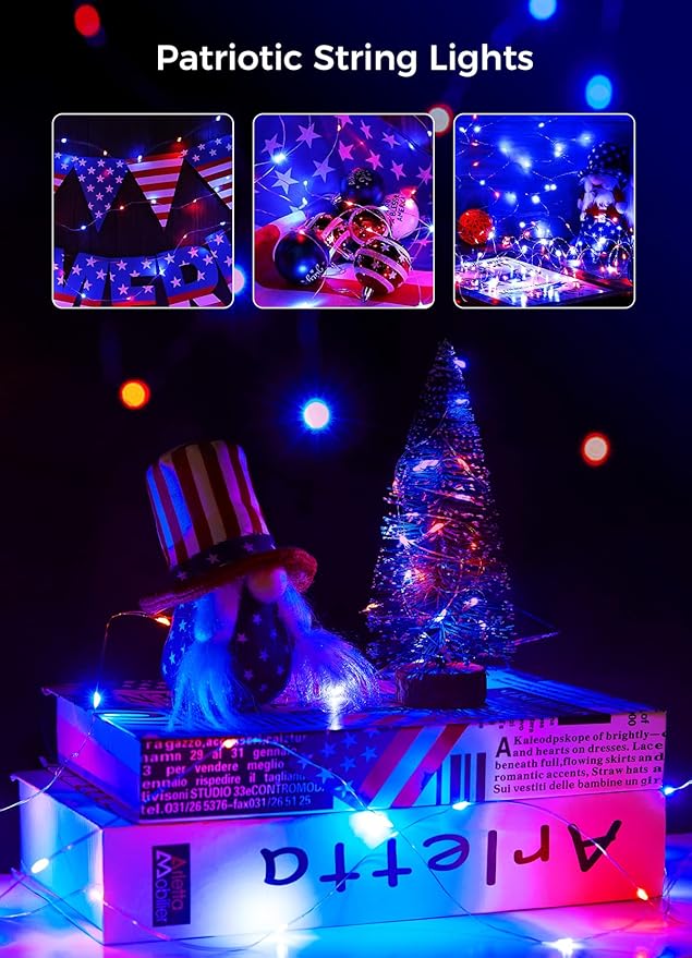 Brightown 4th of July Decor Patriotic Fairy Lights, 7 FT. Silver Wire Red White - Image 4