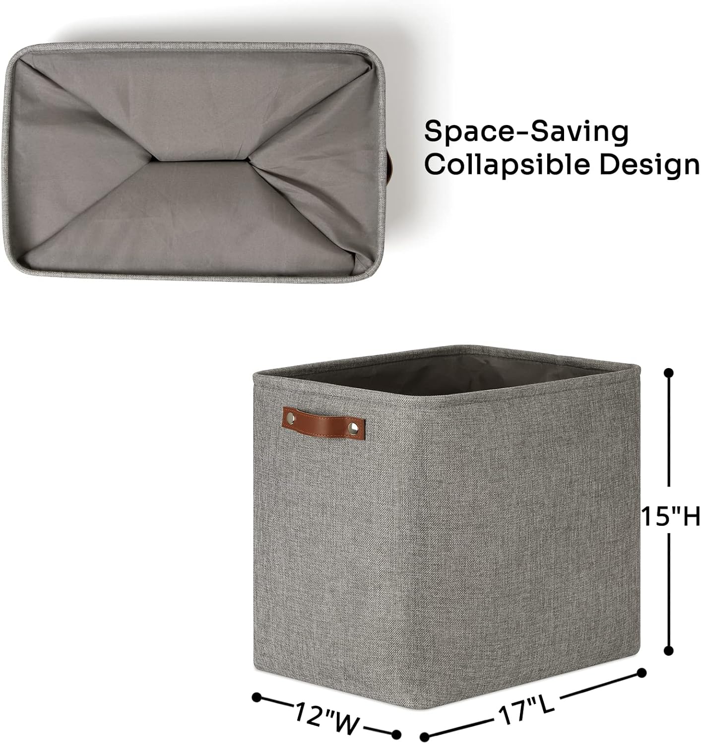 DULLEMELO Large Collapsible Storage Basket/Bin with Sturdy Leather Handles, Fabric Organizer Bin for Storage Clothes, Toys, Books, Office, Bedroom, Closet, Nursery & Laundry (Gray)
