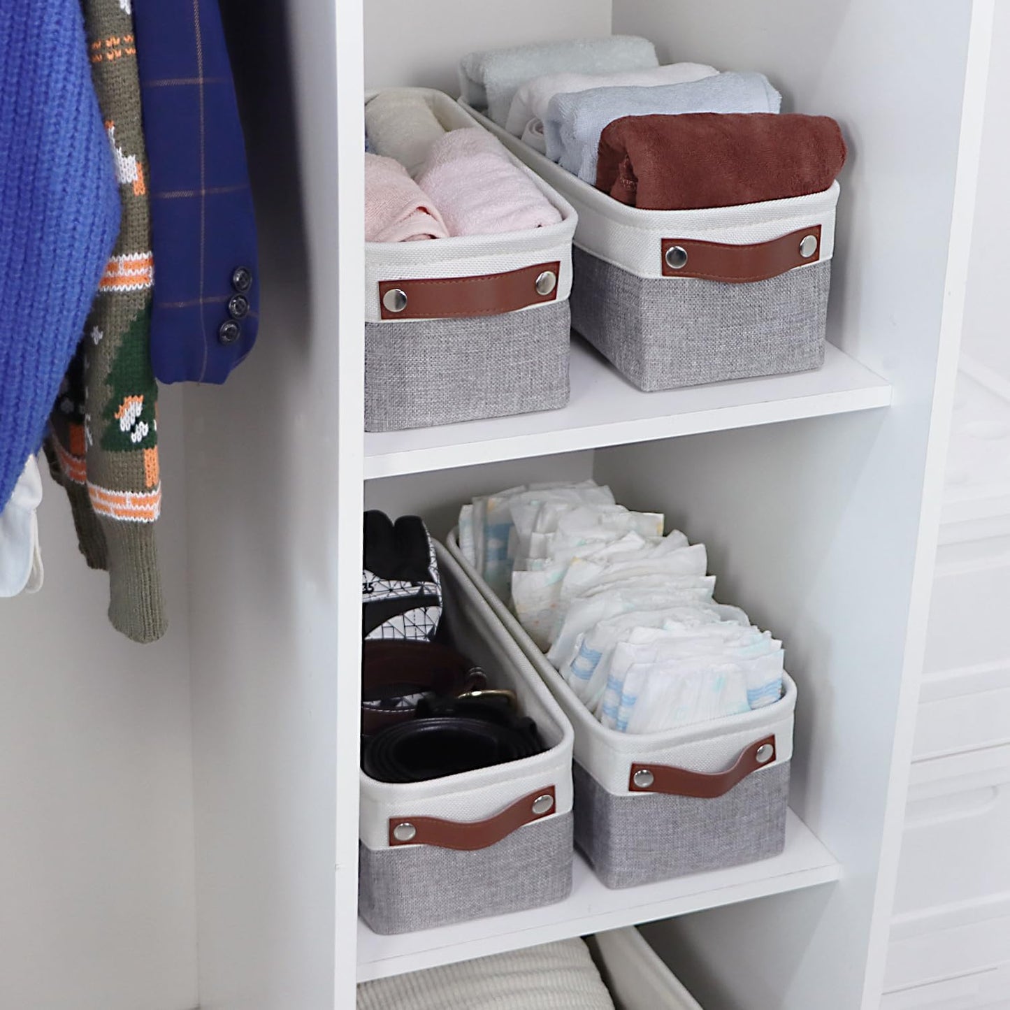 Univivi 4PC Small Fabric Storage Bins,15x6x5 inch Long Narrow Storage Baskets with PU Handles for Closet,Cabinet,Countertop Organizing Small Items (Gray,15x6x5 inch)