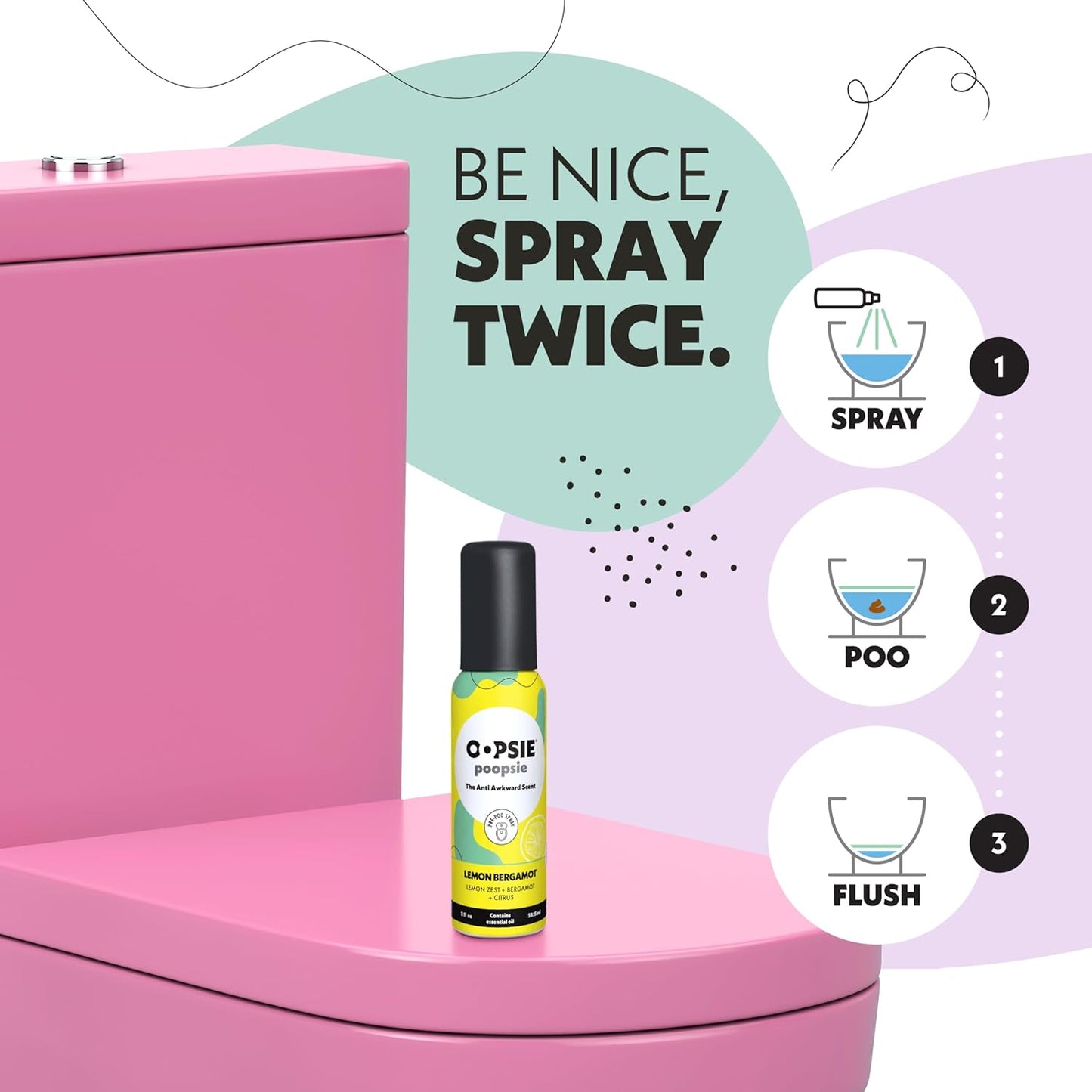 OOPSIE POOPSIE - Lemon Bergamont - Before & After You Go Toilet Spray 2oz - Portable Odor Eliminator - 4 Pack