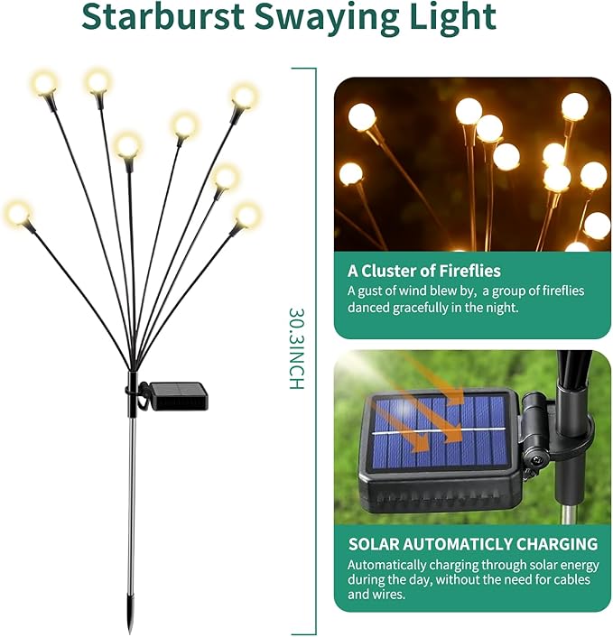 vignuto Solar Lights Outdoor Waterproof 4 Pack of 32 LEDs Garden Patio Firefly - Image 2
