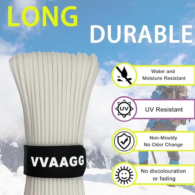 VVAAGG 1000 White Paracord Rope 100FT, 4mm Utility Parachute Cord 12 Strand - Image 4