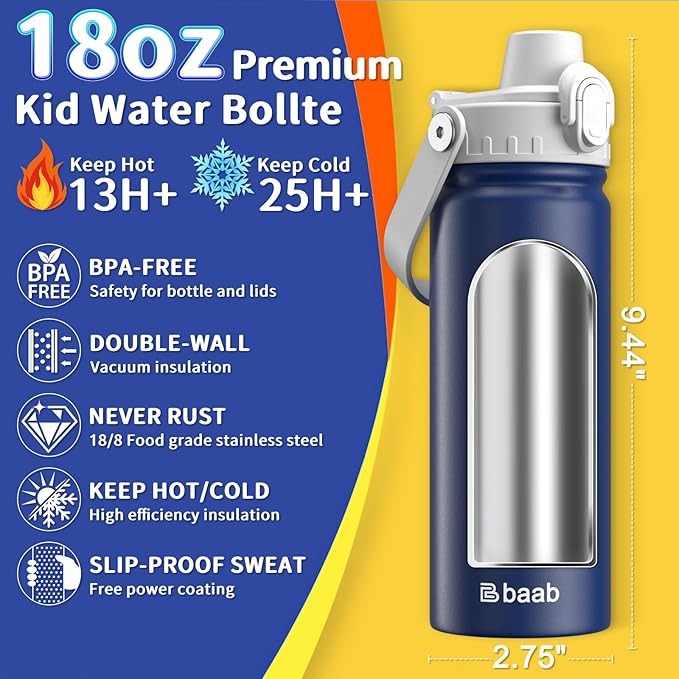 baab 18oz Kids Water Bottle, Insulated Kids Water Bottle - Image 2