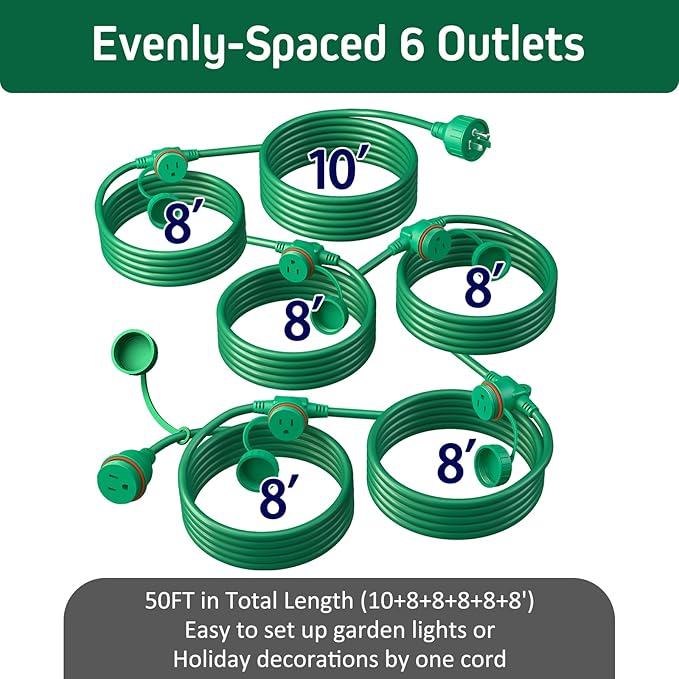 50FT Green Outdoor Extension Cord, Evenly Spaced 6 Outlets Plugs - Image 2