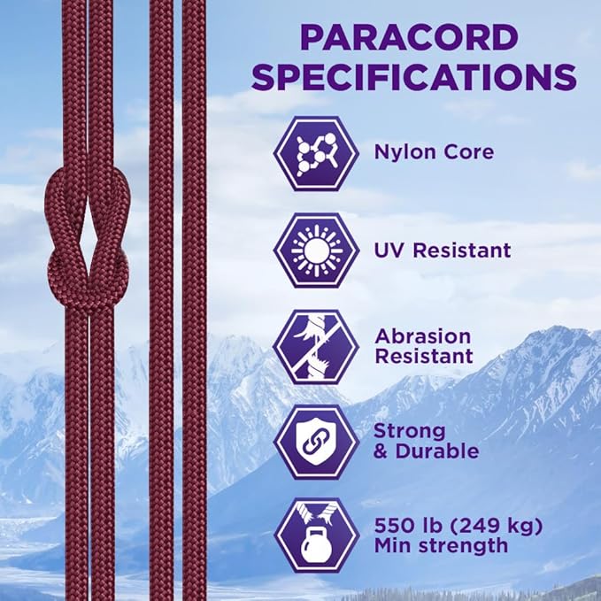 TECEUM Paracord Type III 550 Burgundi – 50 ft – 4mm – Tactical Rope MIL-SPEC – - Image 3