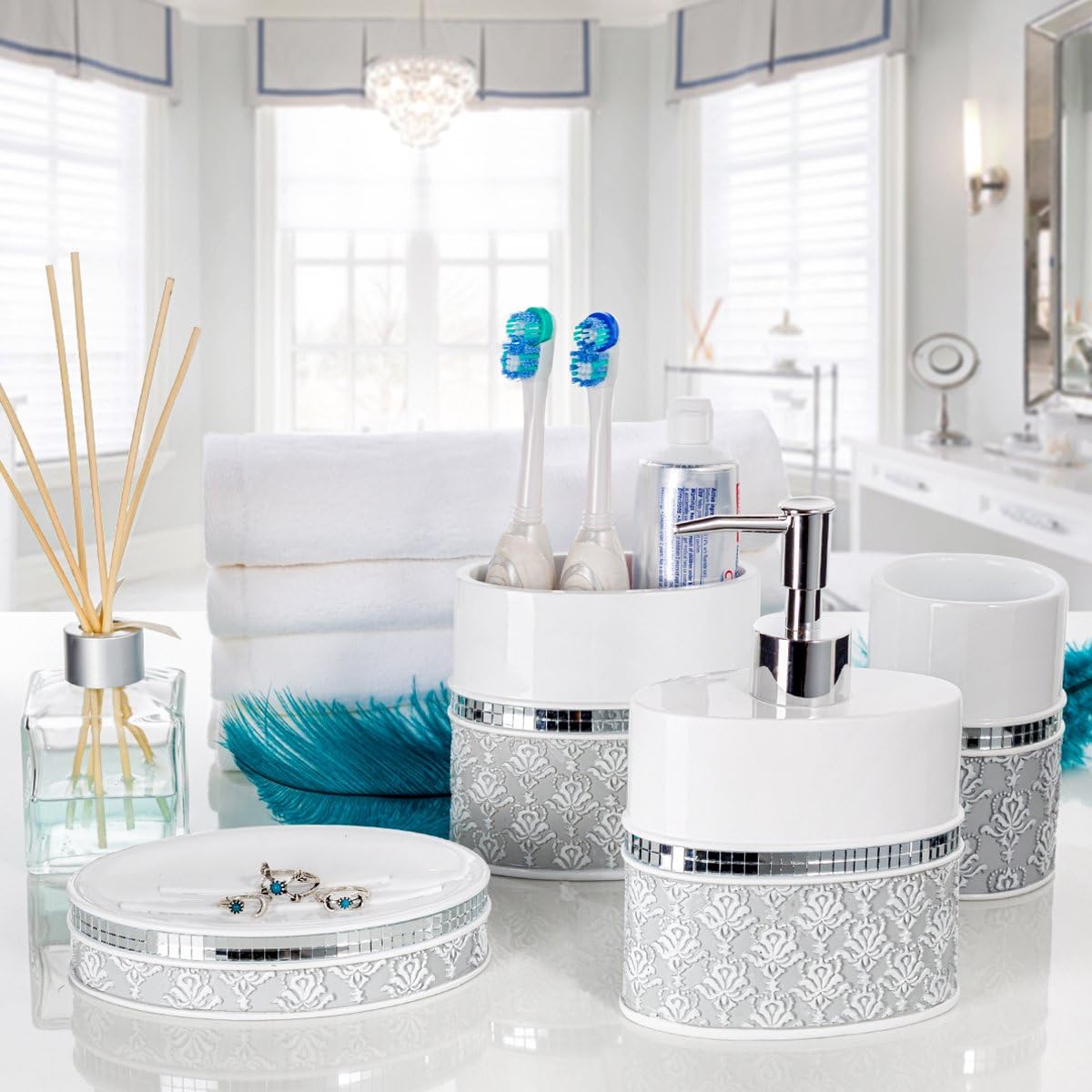 Creative Scents Mirror Damask Small Bathroom Trash Can 1.58 Gal / 6L - Decorative White and Gray Waste Basket - Durable Bathroom Wastebasket - Waste Bin for Powder Room Or Bedroom