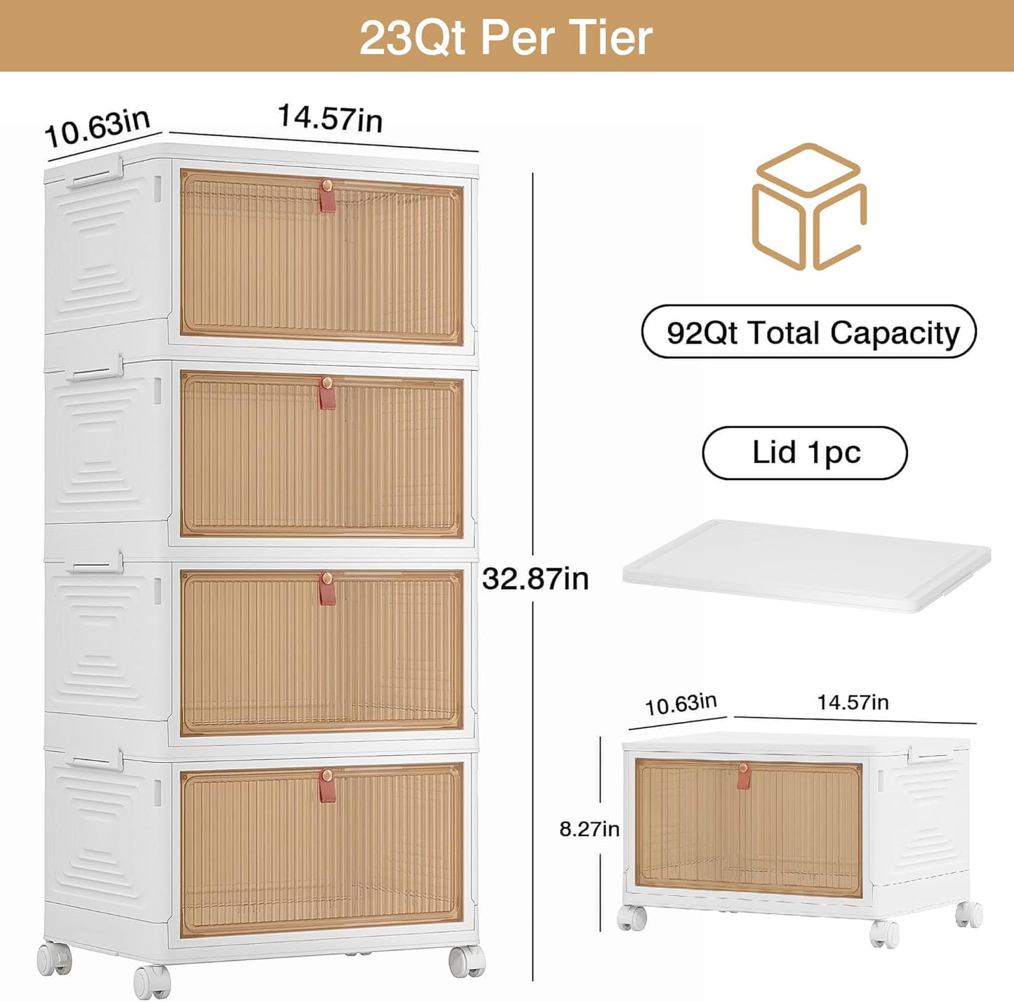 VECELO 3 Tier Storage Bins with Lid, Stackable Storage Boxes with Magnetic Doors & Wheels, Foldable Storage Containers, 23 QT Closet Organizers and Storage for Living Room, Office, Dorm