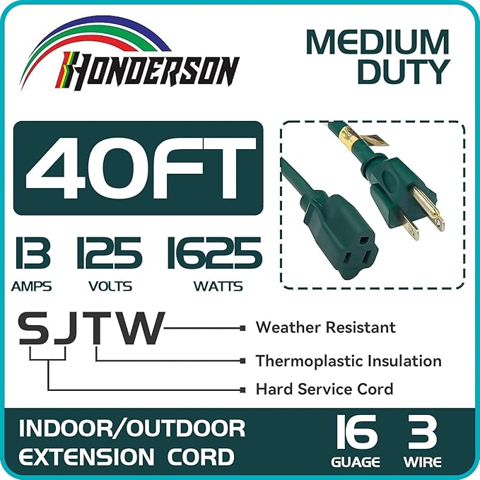 40FT Outdoor Extension Cord-16/3 SJTW Durable Green Extension Cable - Image 2