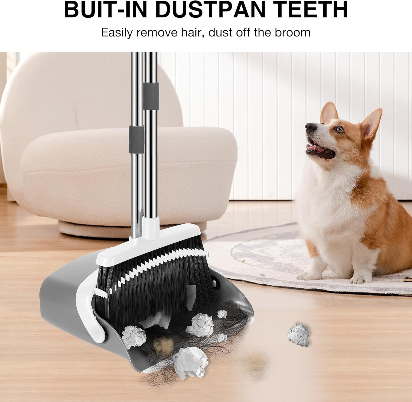 NACENA Broom and Dustpan Set, 52-in Long Adjustable Handle Broom Dustpan Combo with Dustpan Teeth to Automatically Clean Hair Suitable for Home Kitchen Office Hall Floor (Grey&White), 4 Pack