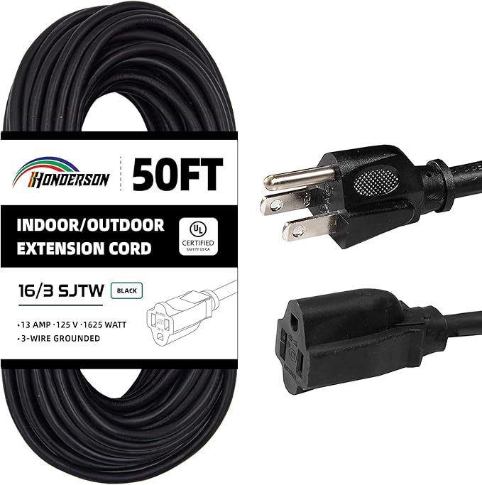 50FT Outdoor Extension Cord-16/3 SJTW Durable Black Extension Cable by HONDERSON