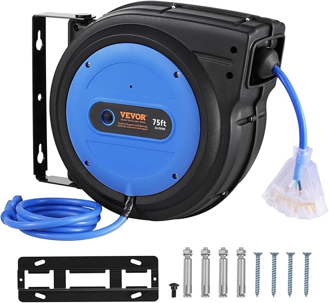 VEVOR 75FT Retractable Extension Cord Reel, 14AWG/3C SJTOW Heavy Duty Power - Image 9