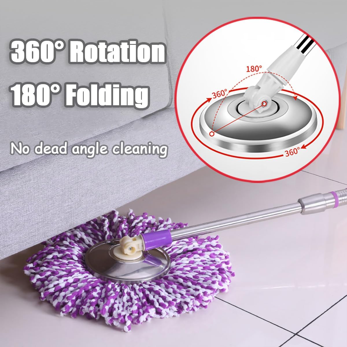 Extended Spin Mop Replacement Mop Handle, Upgraded 60-inch 360 Degrees Rotating Telescopic Replacement Mop Stick for Spin Mop Bucket Cleaning System Floor Cleaning (Plastic Disc, Purple)