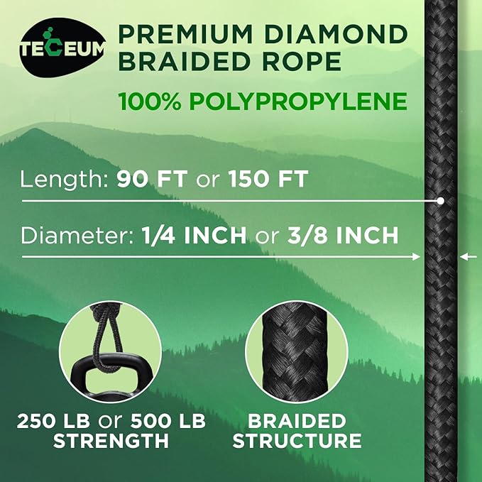 TECEUM Rope – 150 Feet x 1/4 Inch – Black – Strong All-Purpose Utility Rope – - Image 2